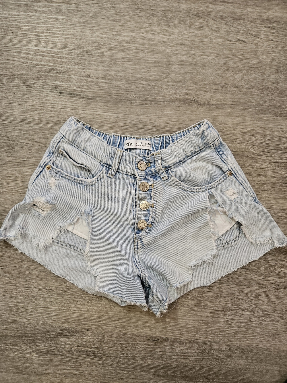 Zara Light Blue Distressed Button-Fly Denim Shorts